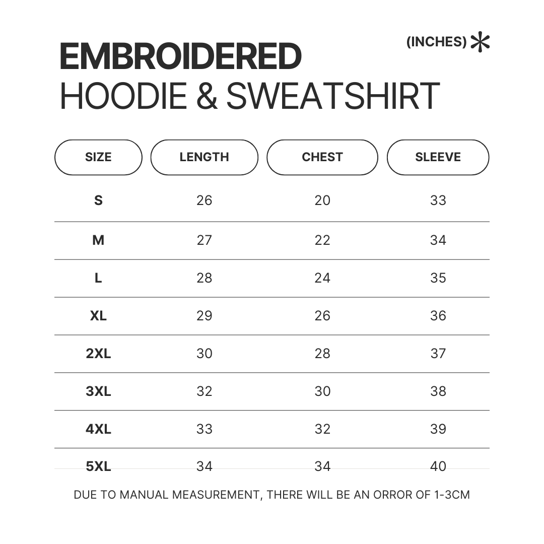 Embroidered Hoodie Sweatshirt Size Chart 1 - Attack On Titan Store