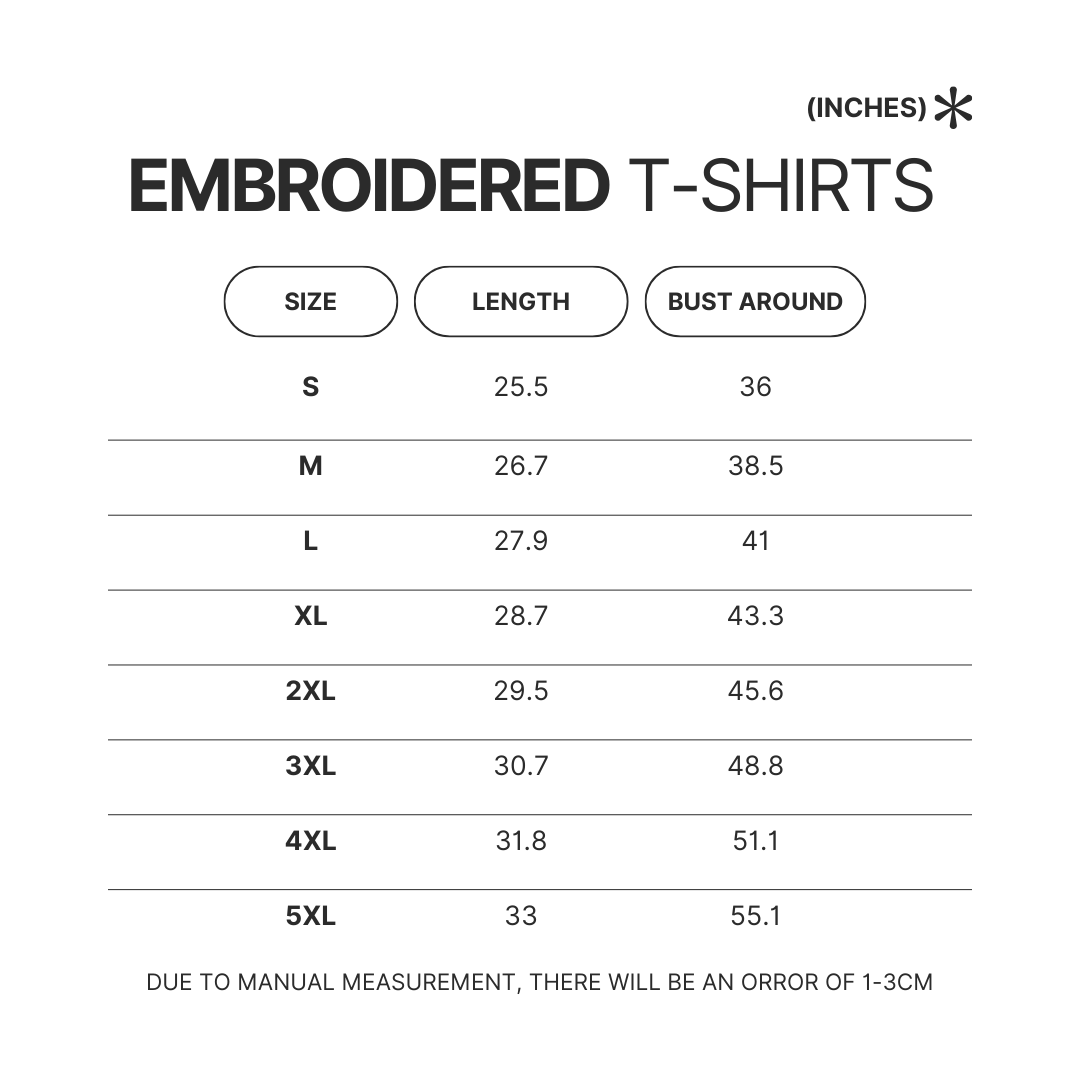 Embroidered T shirt Size Chart - Attack On Titan Store