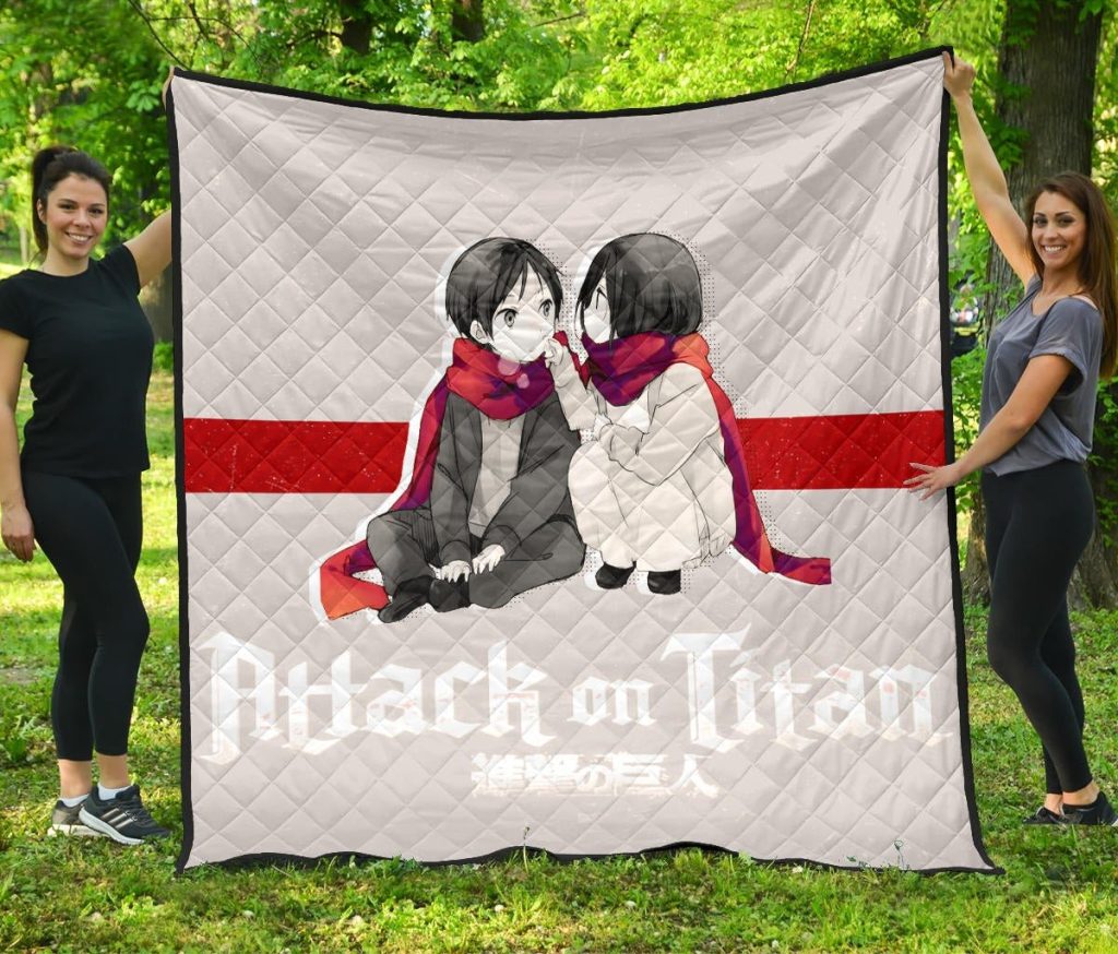 attack on titan anime premium quilt chibi mikasa and eren couple love wearing red scarf quilt blanket13vzs - Attack On Titan Store