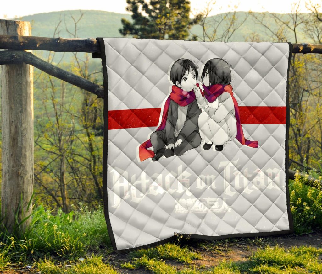 attack on titan anime premium quilt chibi mikasa and eren couple love wearing red scarf quilt blanketg0toc - Attack On Titan Store