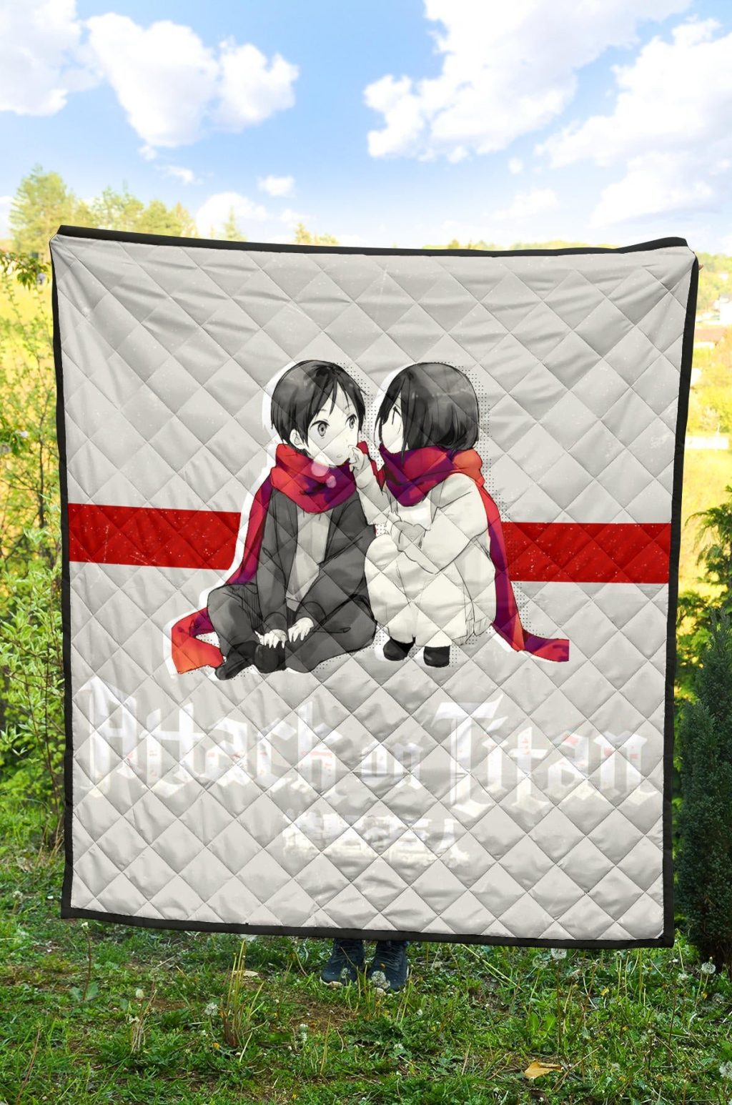 attack on titan anime premium quilt chibi mikasa and eren couple love wearing red scarf quilt blanketkqrw1 - Attack On Titan Store