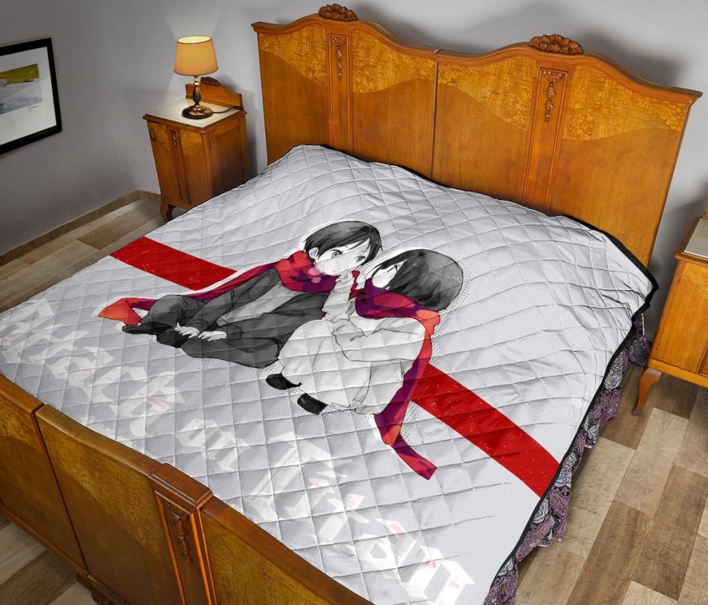 attack on titan anime premium quilt chibi mikasa and eren couple love wearing red scarf quilt blanketpfow5 - Attack On Titan Store