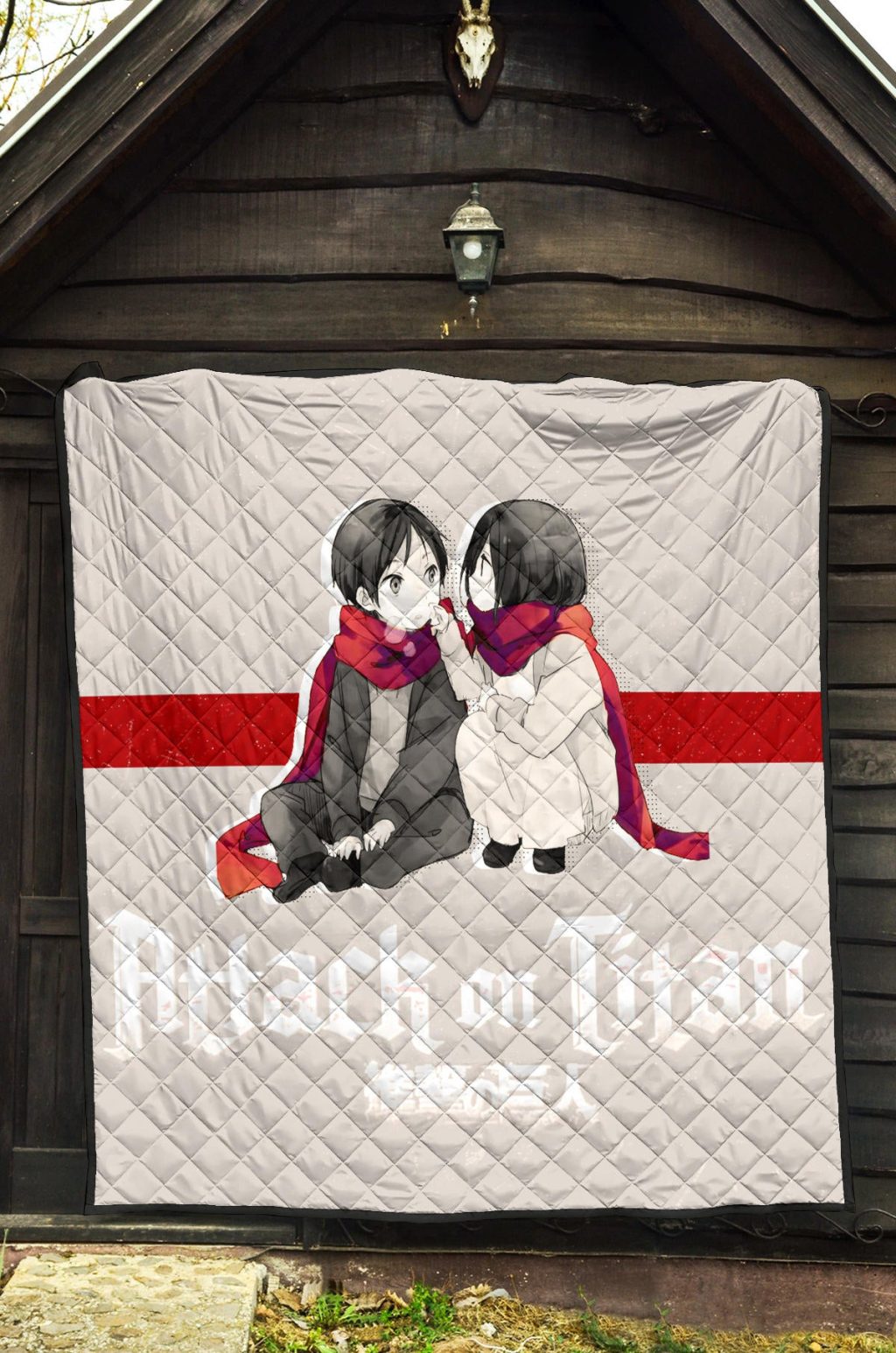 attack on titan anime premium quilt chibi mikasa and eren couple love wearing red scarf quilt blanketqdrmv - Attack On Titan Store