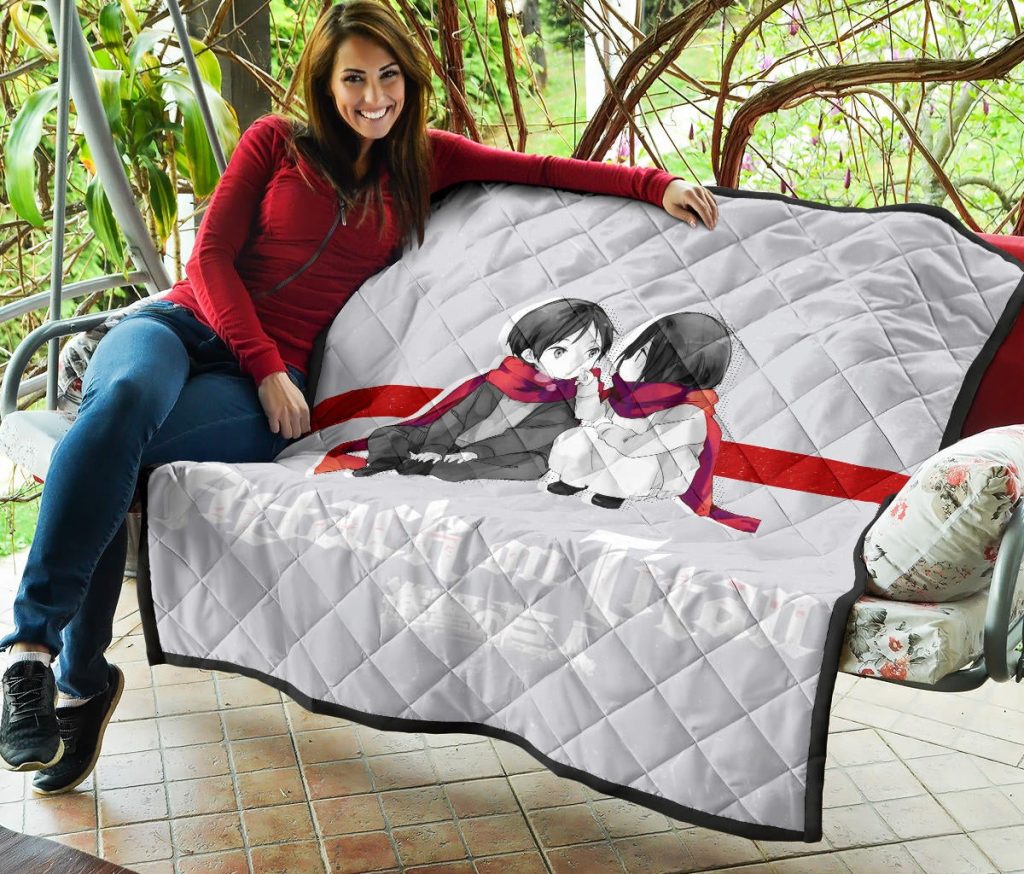 attack on titan anime premium quilt chibi mikasa and eren couple love wearing red scarf quilt blanketqpvpq - Attack On Titan Store