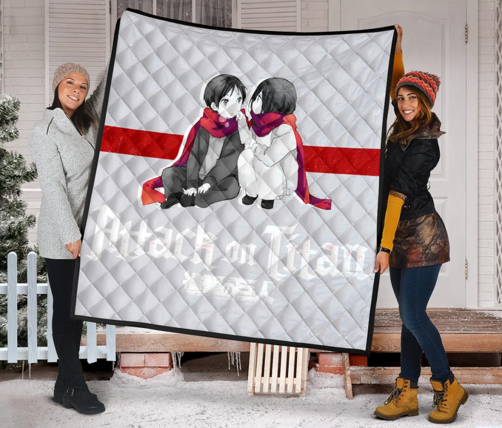 attack on titan anime premium quilt chibi mikasa and eren couple love wearing red scarf quilt blanketqtaei - Attack On Titan Store