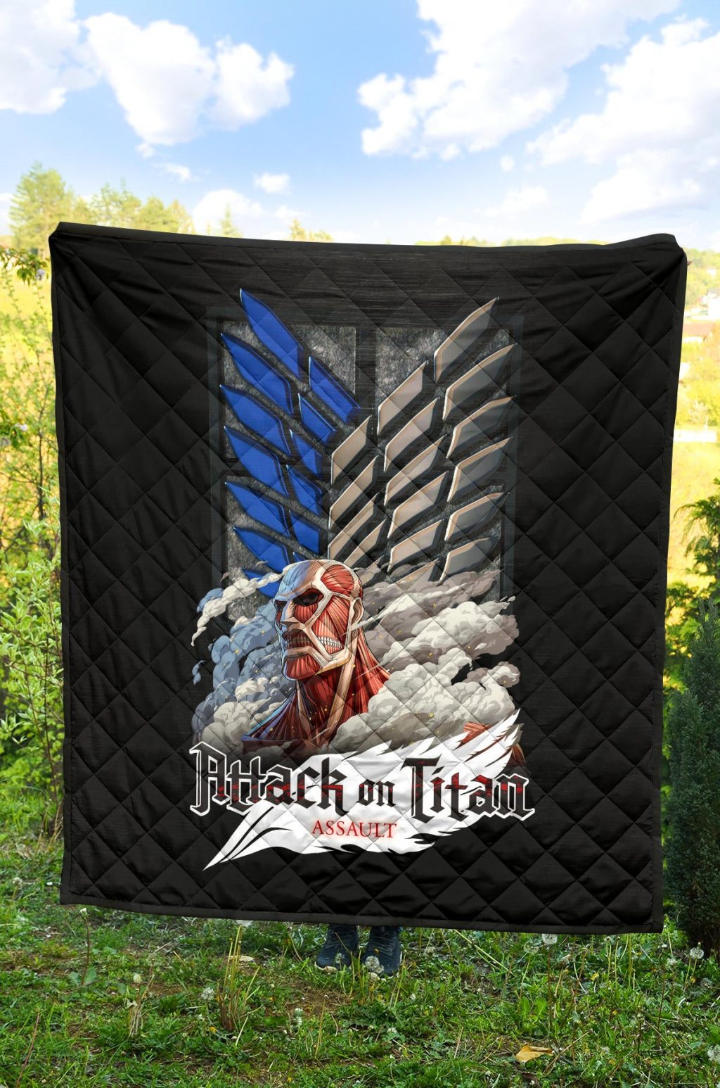 attack on titan anime premium quilt colossal titan face metal wings of free symbol quilt blanketniiyf - Attack On Titan Store