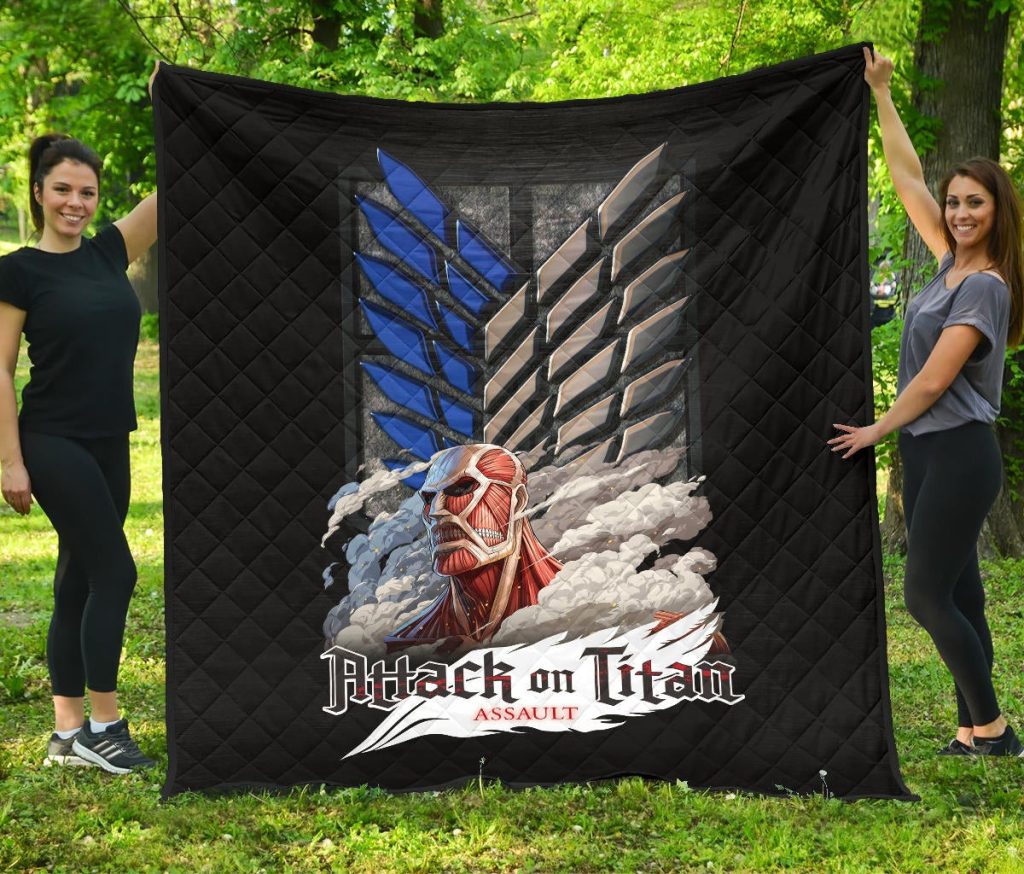 attack on titan anime premium quilt colossal titan face metal wings of free symbol quilt blanketttw2q - Attack On Titan Store