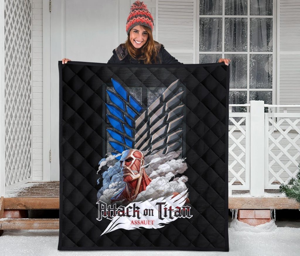 attack on titan anime premium quilt colossal titan face metal wings of free symbol quilt - Attack On Titan Store