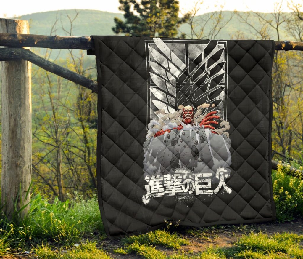 attack on titan anime premium quilt colossal titan wrecking wall wings of freedom symbol quilt blanketfieoc - Attack On Titan Store