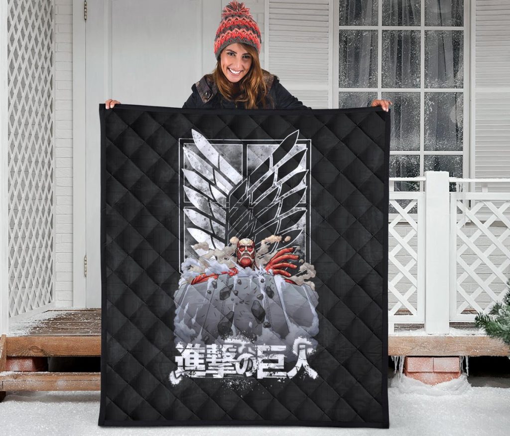 attack on titan anime premium quilt colossal titan wrecking wall wings of freedom symbol quilt - Attack On Titan Store