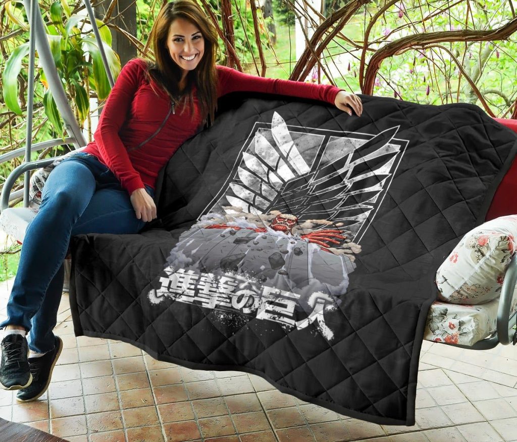 attack on titan anime premium quilt colossal titan wrecking wall wings of freedom symbol quilt blanketzee51 - Attack On Titan Store