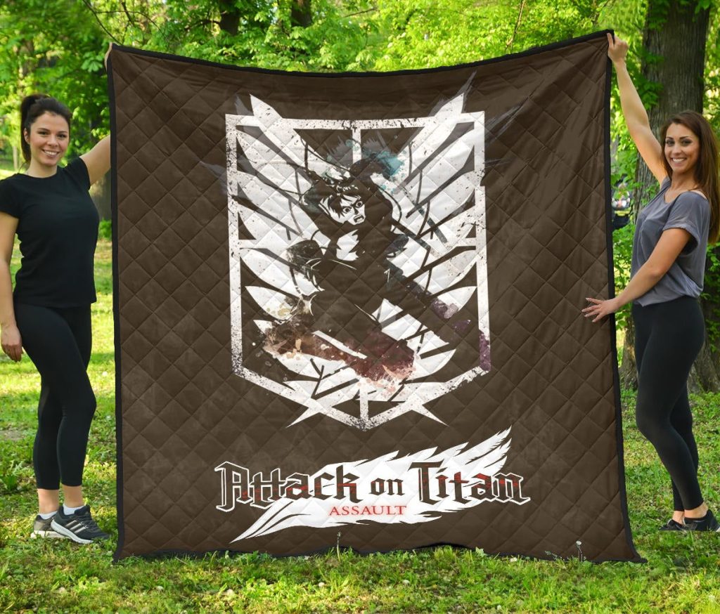 attack on titan anime premium quilt eren fighting white shining wings of freedom symbol quilt blanketpibwf - Attack On Titan Store