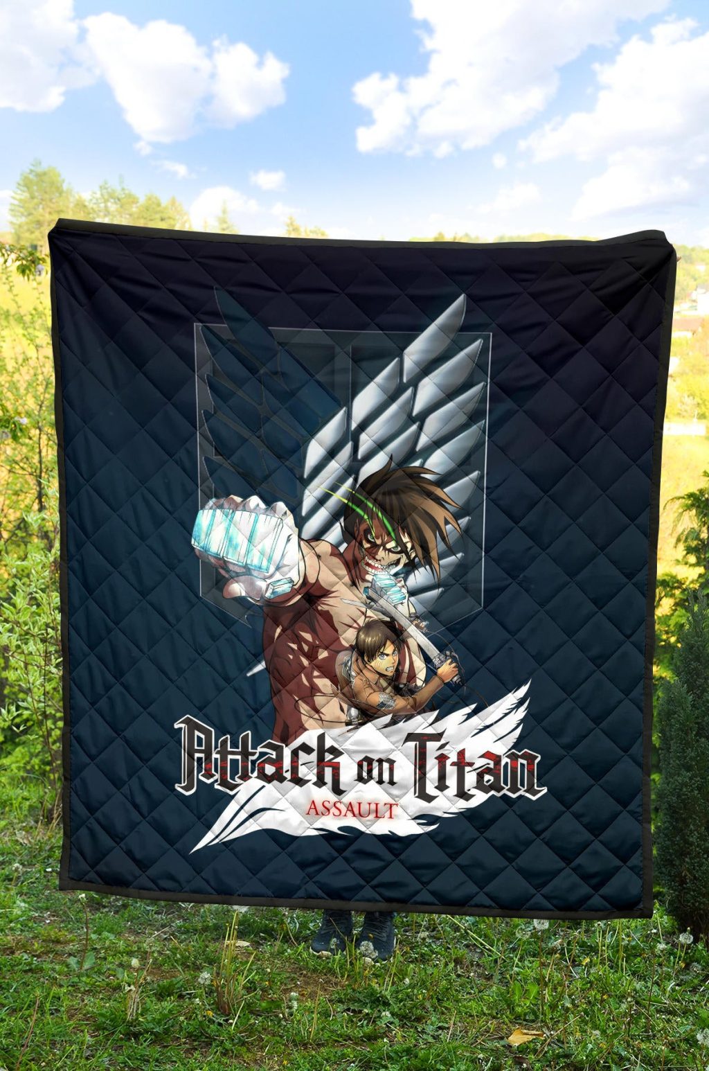 attack on titan anime premium quilt eren titan punch and eren human metal wings of freedom quilt blanketbutft - Attack On Titan Store