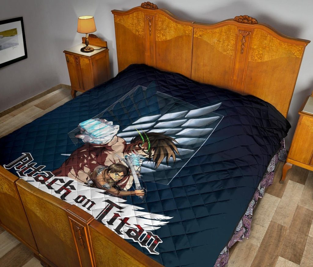 attack on titan anime premium quilt eren titan punch and eren human metal wings of freedom quilt - Attack On Titan Store